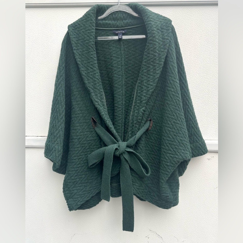 Lands End Sweater Jacket Quilted Lambs Wool Blend Women L-XL Green Belted Cozy - Picture 8 of 10